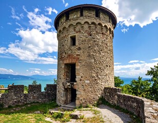 Ancient stone tower overlooking a lake