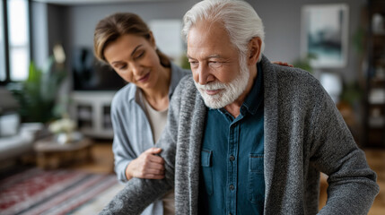 A senior man uses a walker for support a young adult Latin woman assisting him their steps careful in a spacious living room with rugs and furniture mobility assistance