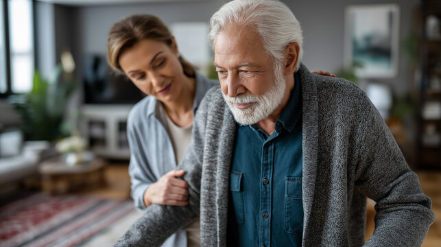 A senior man uses a walker for support a young adult Latin woman assisting him their steps careful in a spacious living room with rugs and furniture mobility assistance