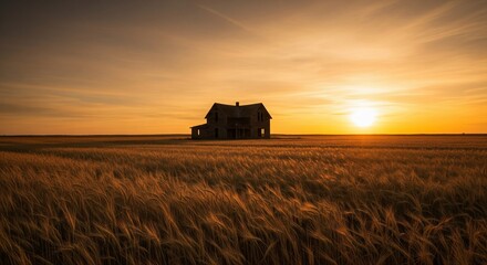 Fototapeta premium Abandoned Farmhouse Silhouetted Against a Dramatic Sunset Sky.