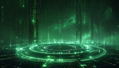 Futuristic digital landscape with glowing green code