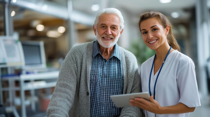 A senior man using a walker stands beside a young adult Latin woman nurse holding a digital tablet both looking at the camera a healthcare facility with medical charts and