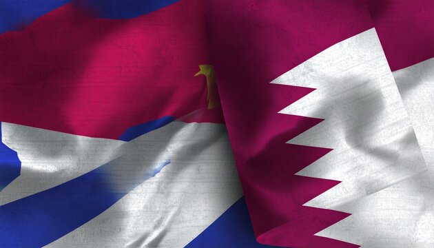 Circular fabric-style flags of Israel and Qatar side by side—blue Star of David and maroon serrated band evoke diplomatic symbolism and cultural contrast.