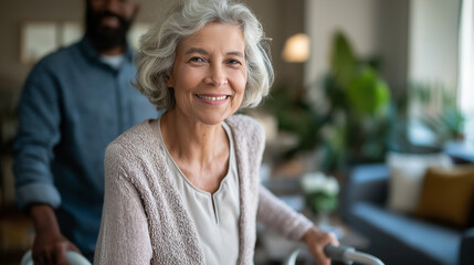 A senior woman uses a walker assisted by a Black man standing nearby her grip firm on the handles living room with comfortable furniture and plants mobility assistance