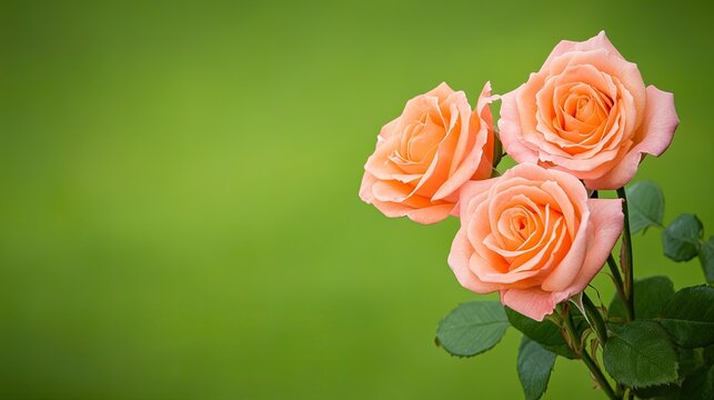 Peach roses on green background