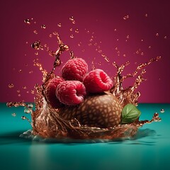 Chocolate candy with raspberries in a splash of liquid a sweet treat perfect for dessert advertising