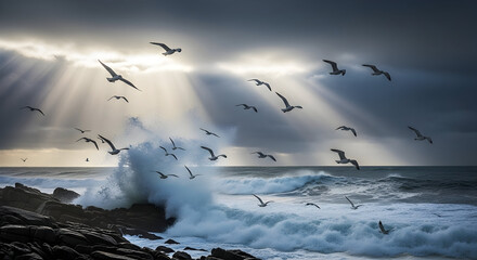 Dramatic seascape with storm clouds, sunbeams breaking through and seabirds flying over crashing waves