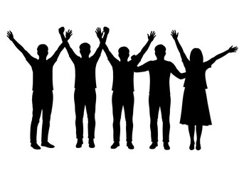 Fototapeta premium Group Celebrating Together in Silhouette Unity, teamwork, encouragement and joy with hands up for success