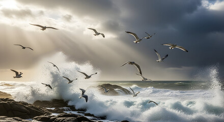 Dramatic seascape with storm clouds, sunbeams breaking through and seabirds flying over crashing waves