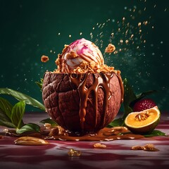 Delicious ice cream dessert served in a coconut shell drizzled with chocolate sauce a sweet treat for a tropical indulgence