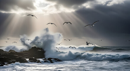 Dramatic seascape with storm clouds, sunbeams breaking through and seabirds flying over crashing waves