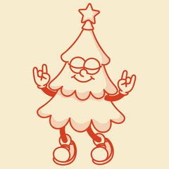 Joyful contour Christmas tree mascot with star and ornaments. Festive handdrawn design for holiday branding and New Year celebrations
