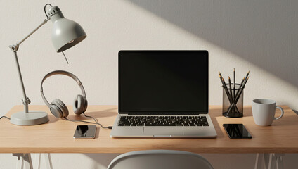 Modern Workspace with Laptop, Glasses, Smartphone and Coffee Cup on Wooden Desk