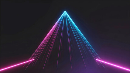 Abstract glowing triangular structure formed by intersecting pink and blue neon laser beams in dark space