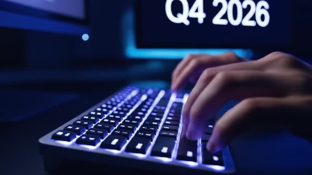 Typing on a Keyboard with "Q4 2026" on Screen in a Dark Blue Lit Room