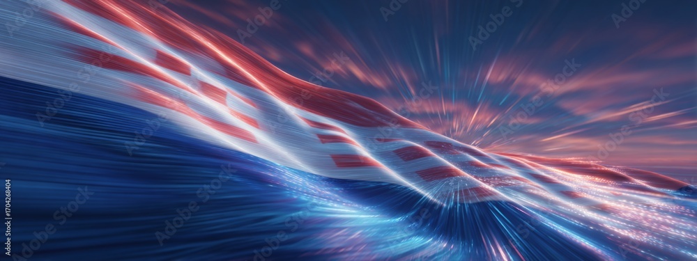 Poster futuristic animation of croatian flag waves with dynamic light effects in vibrant colors