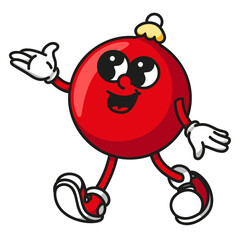 Cute red christmas ball mascot with boots and gloves isolated on white background retro vector design for holiday decorations