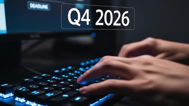 Typing on illuminated keyboard with Q4 2026 deadline on screen, representing future goals.