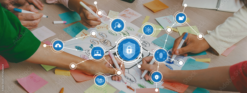 Aufkleber this image captures a collaborative workspace where a diverse group brainstorms security concepts, f