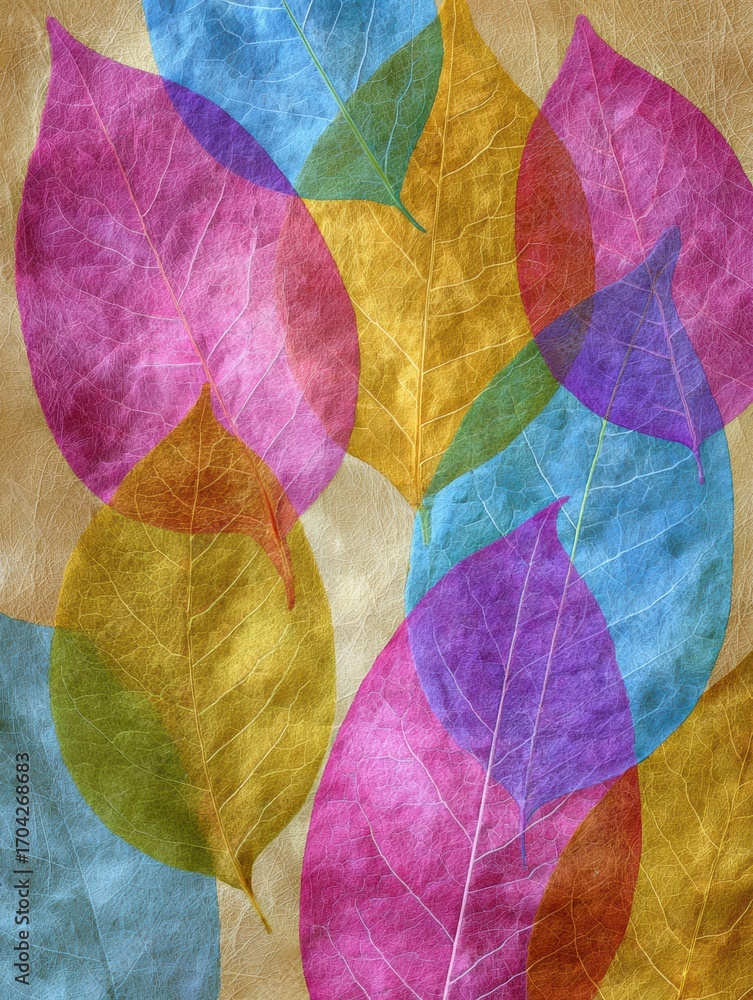 Poster colorful transparent leaves layered on a textured background showcasing artistic design and playful 