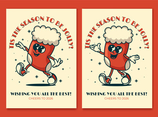 Jolly santa sock mascot Christmas card with festive snowflakes and gifts vintage retro design for holiday greetings