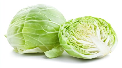 Fototapeta premium Fresh green cabbage whole and halved on white