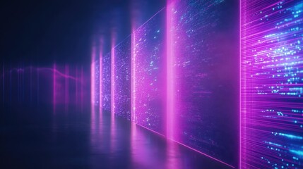 A futuristic space featuring glowing pink and blue panels with digital effects, creating an immersive atmosphere.