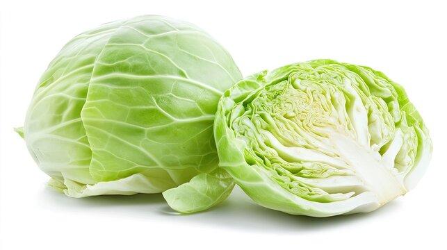 Fresh green cabbage whole and halved on white