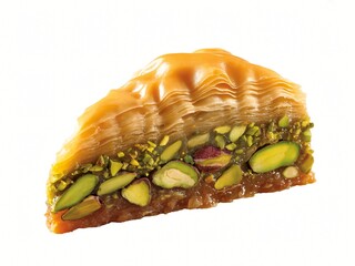  A triangular slice of rich baklava is presented, revealing layers of flaky pastry, glistening syrup, and a generous filling of green pistachios.