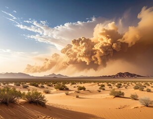 Dramatic desert landscape under a massive, smoky sky