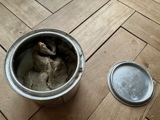 Wood wax for parquet care — a jar on a wooden floor. Concept of interior care, eco-friendly protection, and durability.
