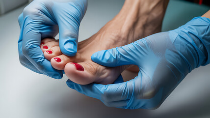 Podiatrist examining a patients foot with red nail polish during a medical checkup in a clinic medical technology
