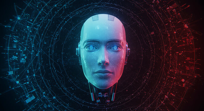 Futuristic robot face hologram background