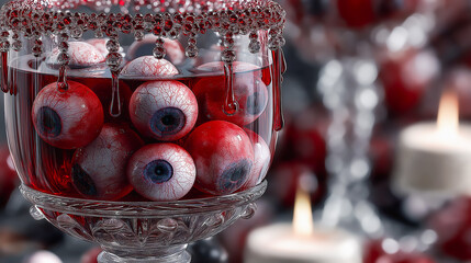 Glass bowl filled with creepy edible eyeballs in red liquid, surrounded by candles, creating a chilling atmosphere perfect for Halloween celebrations and spooky gatherings