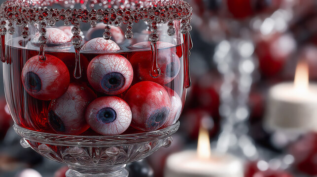 Glass bowl filled with creepy edible eyeballs in red liquid, surrounded by candles, creating a chilling atmosphere perfect for Halloween celebrations and spooky gatherings