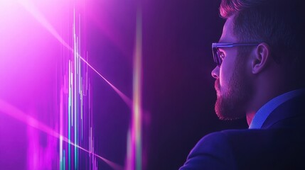 A man in a suit gazes at vibrant, colorful digital data visualizations, set against a dark background, suggesting a focus on technology and analytics.