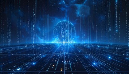Futuristic digital landscape with glowing grids and data streams