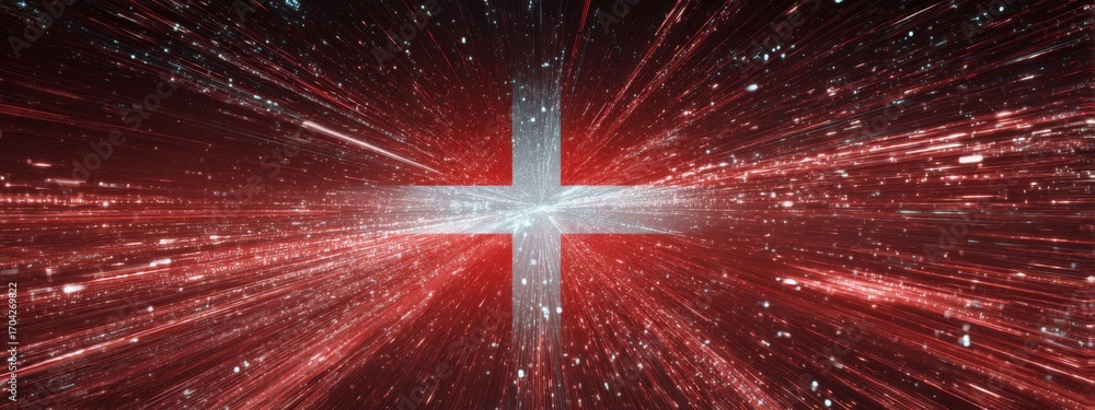 Poster futuristic digital animation of a waving flag with dynamic red and white background in a digital mod