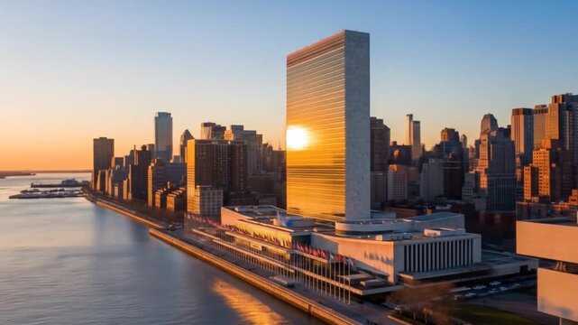 United Nations Headquarters at Sunrise: A Panoramic View of Global Diplomacy in New York City