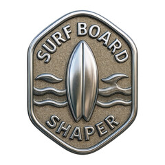 Hexagonal metallic badge featuring a surfboard at the center, surrounded by wave patterns. Embossed text reads SURF BOARD SHAPER on a textured background.
