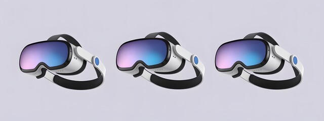 Three pairs of modern ski goggles with mirrored lenses on a light background