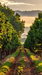 Naklejka premium A sun-drenched vineyard pathway leads into a misty mountain range. Dense rows of grapevines line the path, creating a lush, verdant landscape. The path is a well-worn dirt road