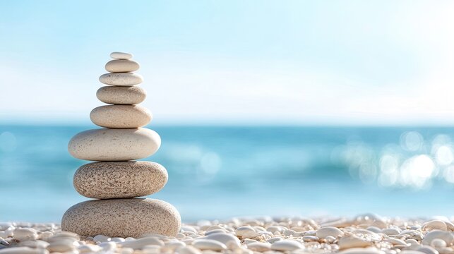 Stone stack balance on seashore tranquility background - Powered by Adobe