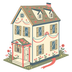 Charming twostory house adorned with floral decorations and festive banners