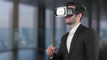 A professional businessman in a sleek suit engages with a virtual reality headset, exploring immersive digital environments in a modern office setting. Raster