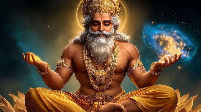 Majestic Lord Brahma Meditating With Cosmic Orb in Hand