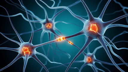 Close up of nerve cells with glowing synapses transmitting electrical signals in the brain medical technology