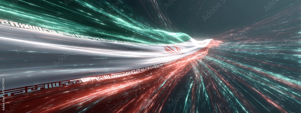 Poster futuristic animation of iran flag waving with a digital glow in motion