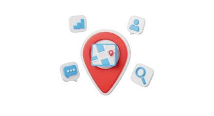 3D Location Pin with Map and Social Media Icons.