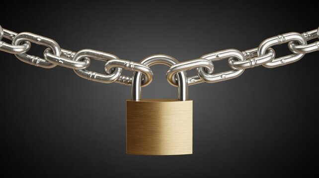  A sturdy brass padlock securely links two heavy metal chains together, all set against a dark, somber background. 
